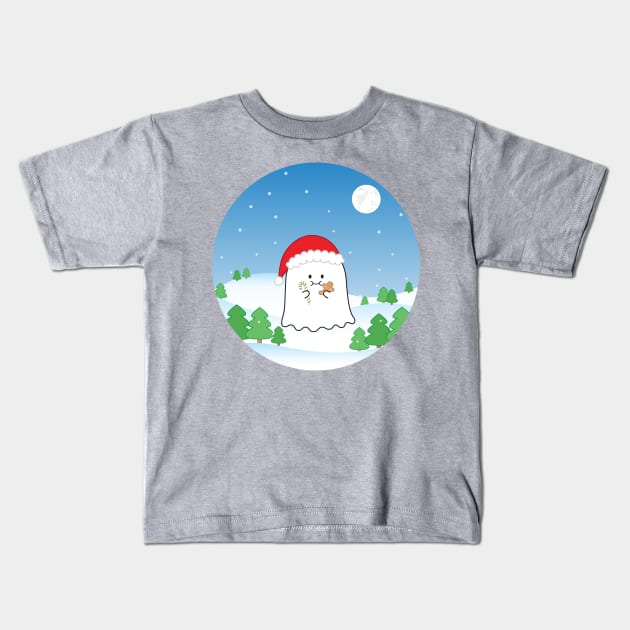 Gordie the Ghost (snowy Christmas) | by queenie's cards Kids T-Shirt by queenie's cards